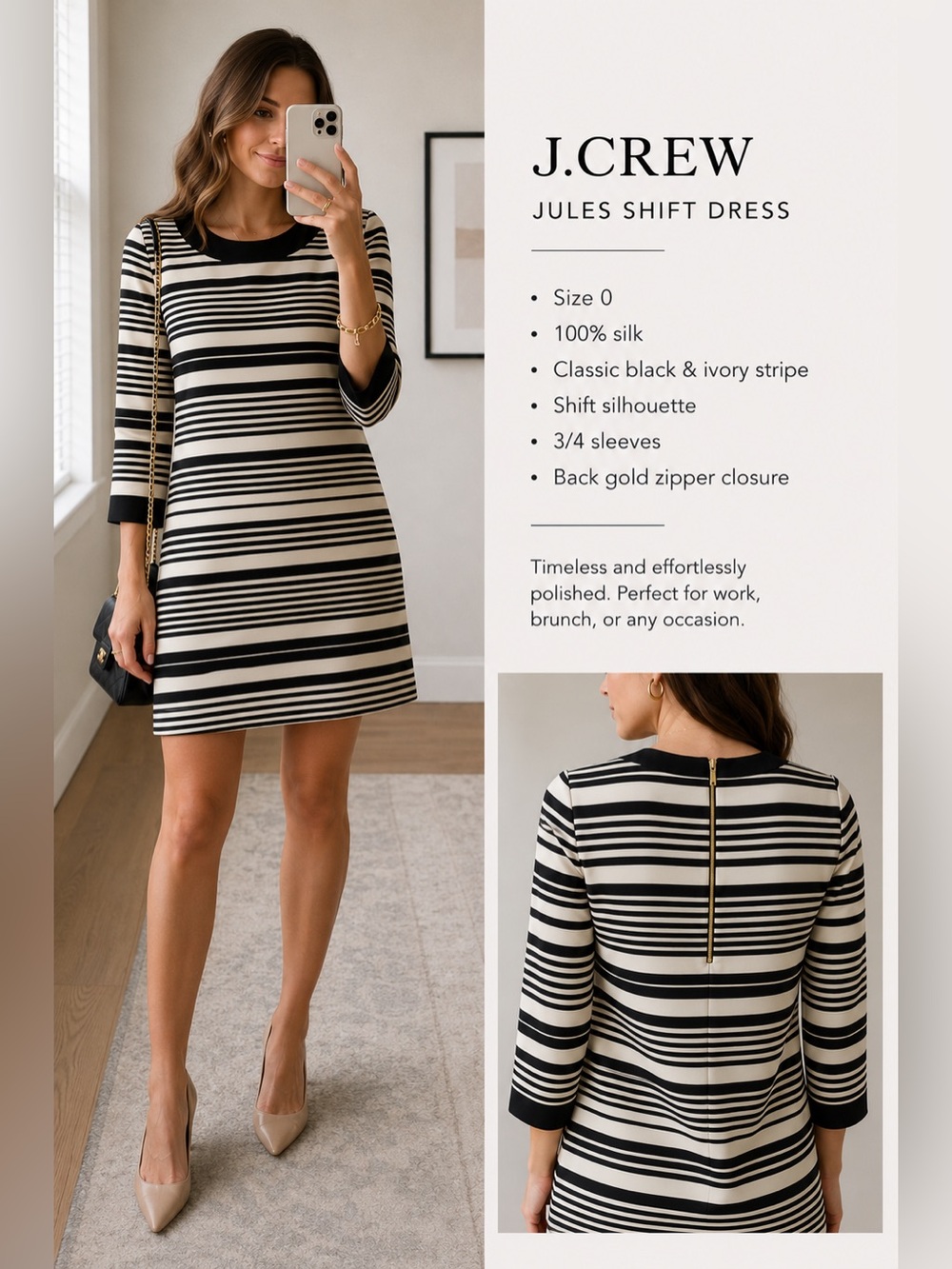 J. Crew Jules Shift Striped Dress 100% Silk Size 0